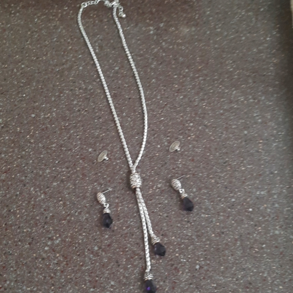 Silverstone rope necklace and matching stone drop earings